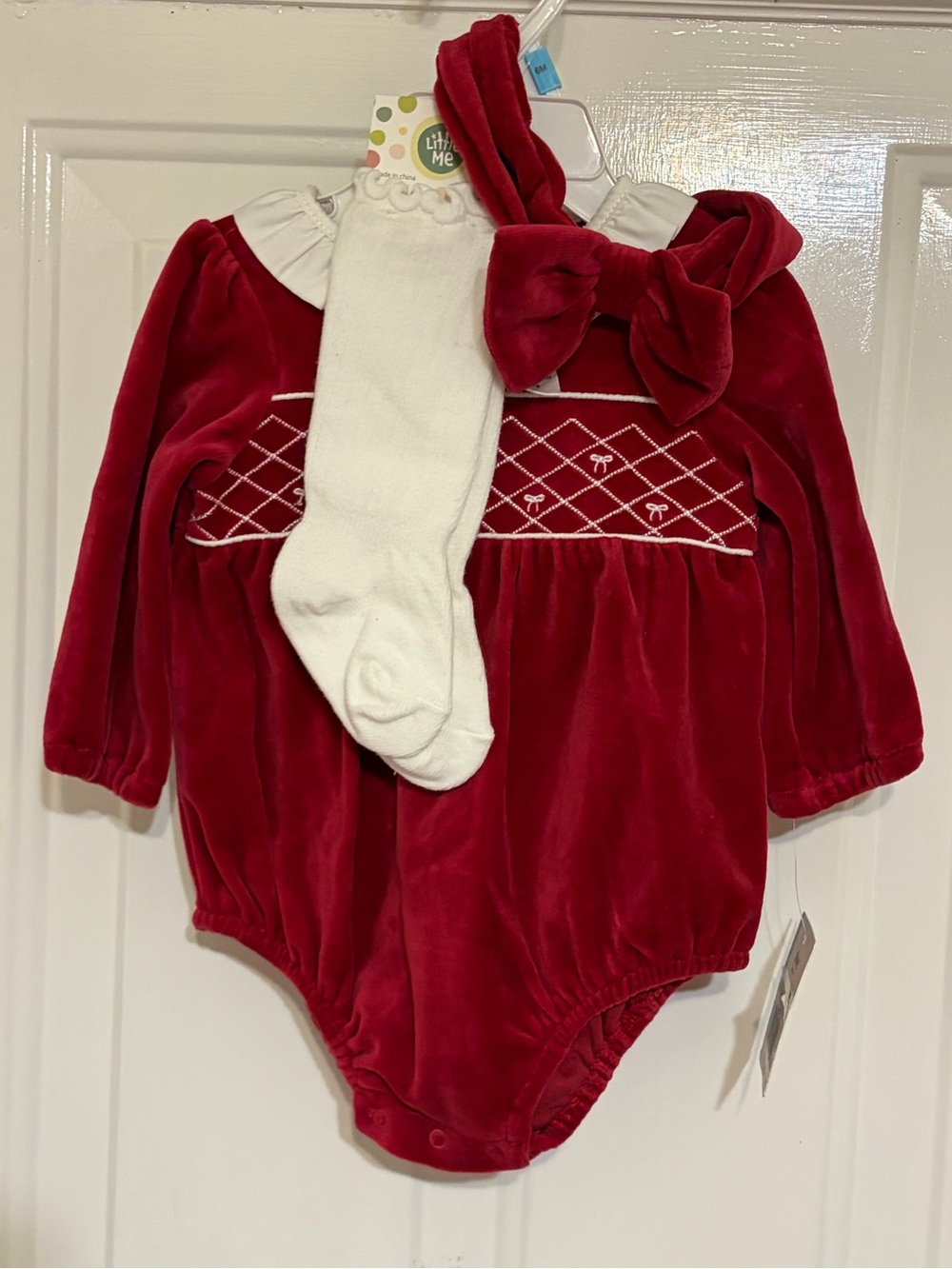 Little Me Beautiful Red Baby Girls Three Piece Set Bubble Headband Socks Size 6M